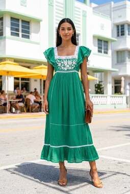 M.A.B.E Green Embroidered Cotton Maxi Dress with Lace Trim
